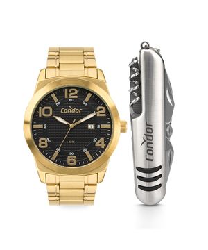 kit relógio masculino condor co2117afk4p analógico dourado