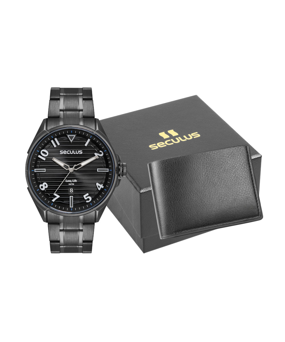 kit relógio masculino seculus 77261gpsvpa2k analógico calendário preto