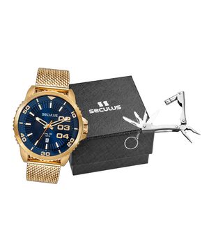 kit relógio masculino seculus 77222gpsvda6k analógico calendário dourado