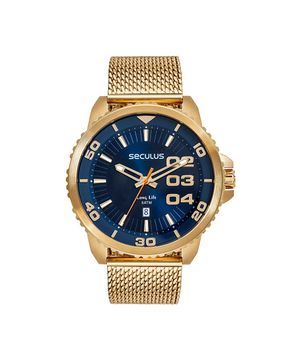 kit relógio masculino seculus 77222gpsvda6k analógico calendário dourado