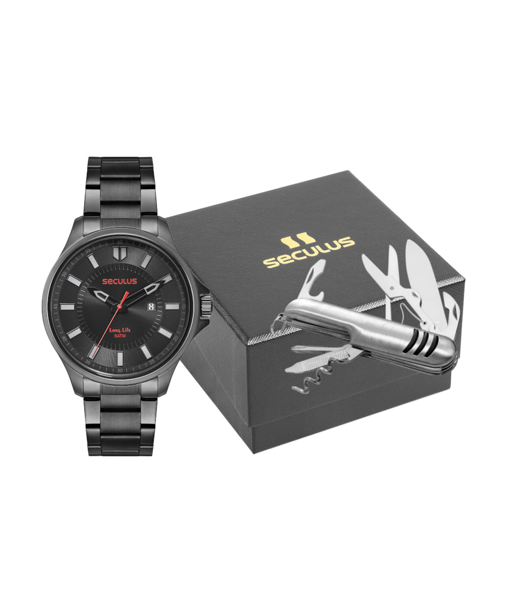 kit relógio masculino seculus 77199gpsvpa4k analógico-calendário preto