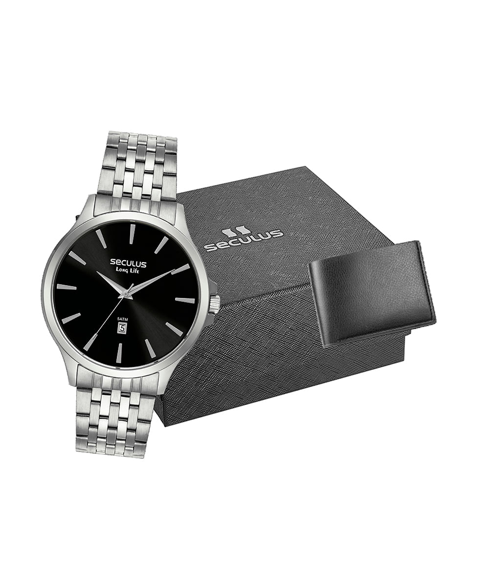 kit relógio masculino seculus 44214g0svna1k analógico calendário prateado