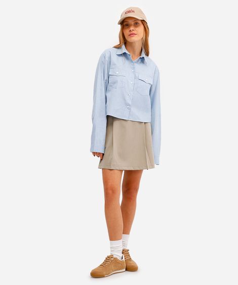 minissaia feminina de alfaiataria com pregas bege