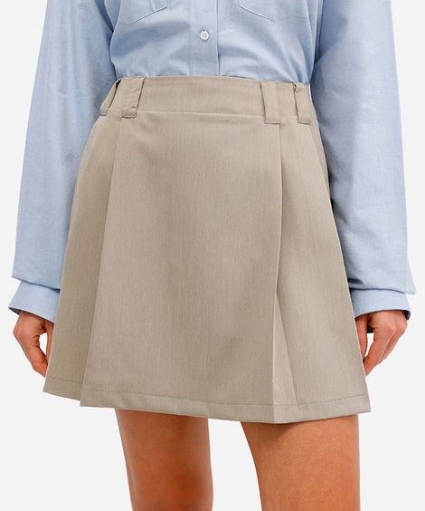 minissaia feminina de alfaiataria com pregas bege