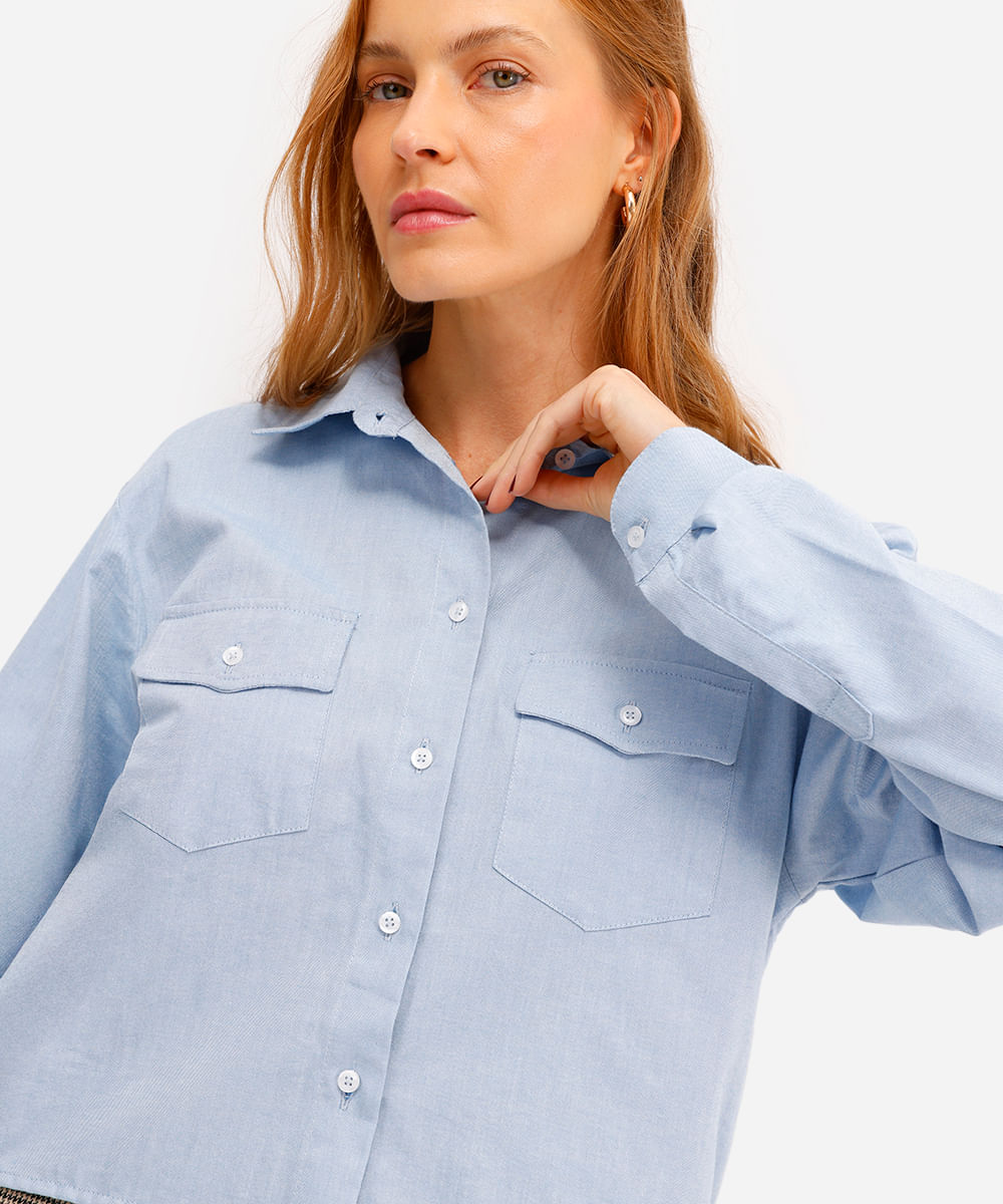 camisa cropped feminina de algodão manga longa azul
