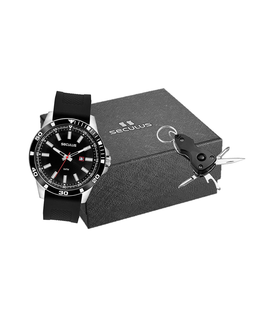 kit relógio masculino seculus 44227g0svnu1k analógico calendário prateado