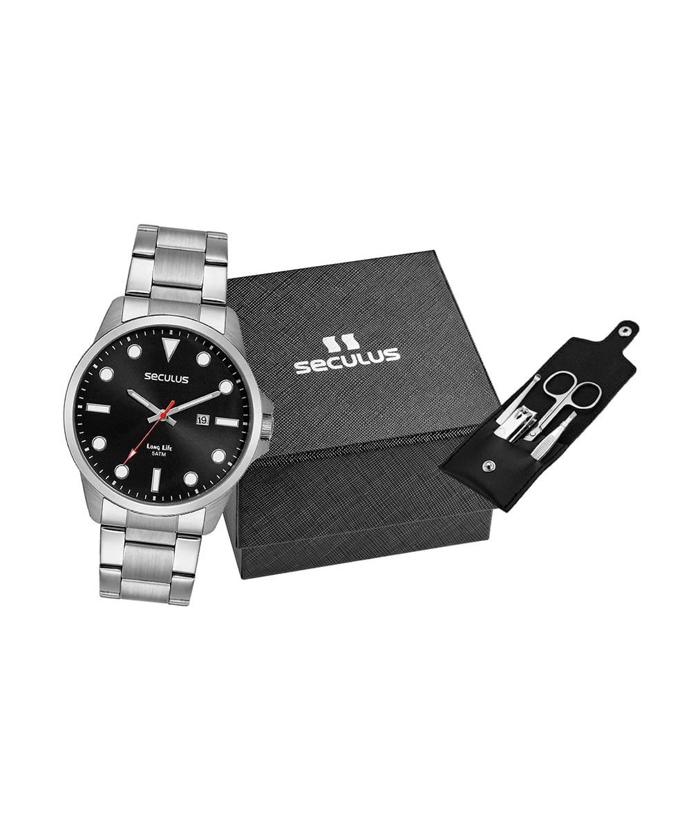 kit relógio masculino seculus 44217g0svna1k analógico-calendário prateado