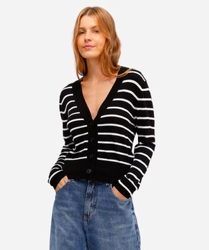 cardigan de tricot cropped listrado - preto