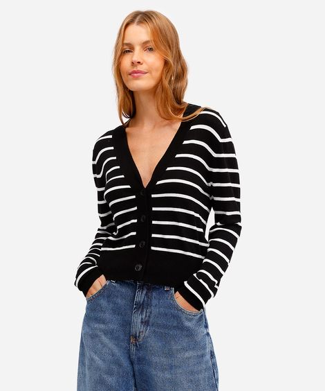cardigan de tricot cropped listrado - preto