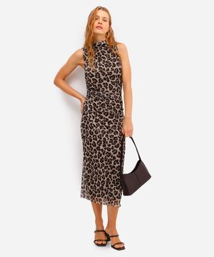 vestido midi feminino de tule animal print franzido bege