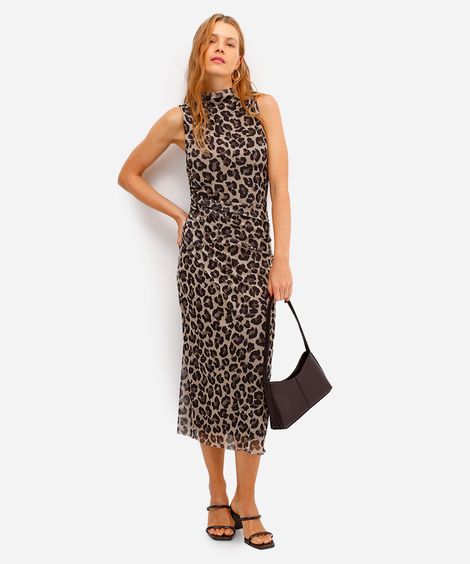 vestido midi feminino de tule animal print franzido bege