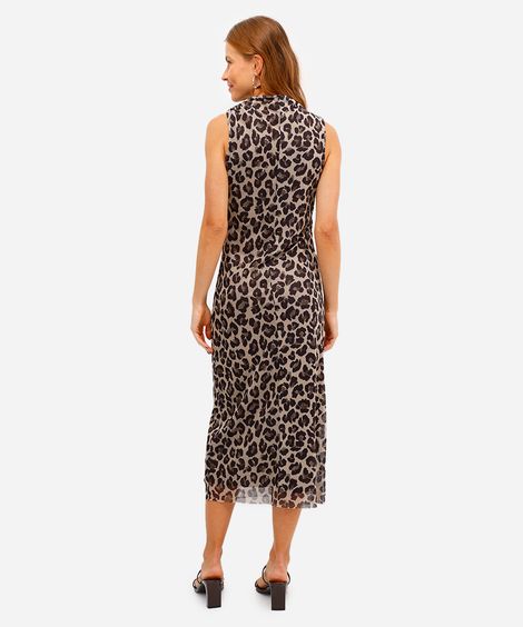 vestido midi feminino de tule animal print franzido bege