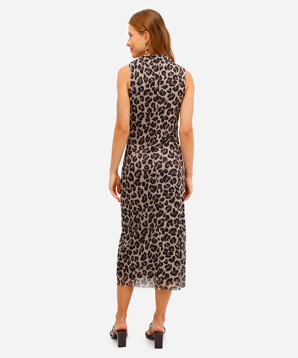 vestido midi feminino de tule animal print franzido bege