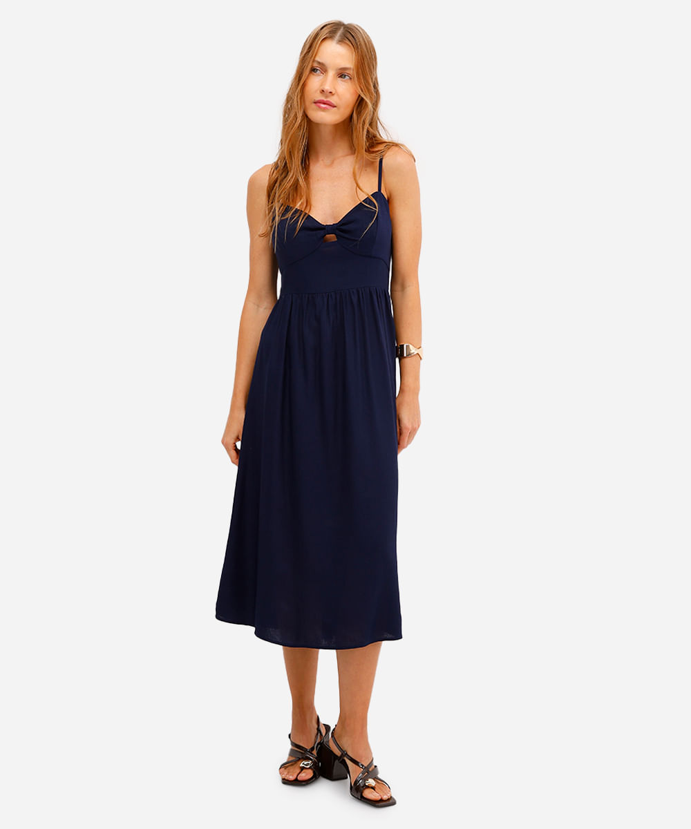 vestido midi feminino com linho decote coração azul