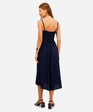 vestido midi feminino com linho decote coração azul