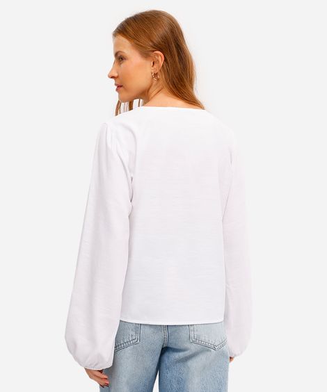 camisa feminina de viscose manga bufante decote v off white