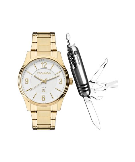 kit relógio masculino technos 2015byytdsk4b analógico calendário dourado
