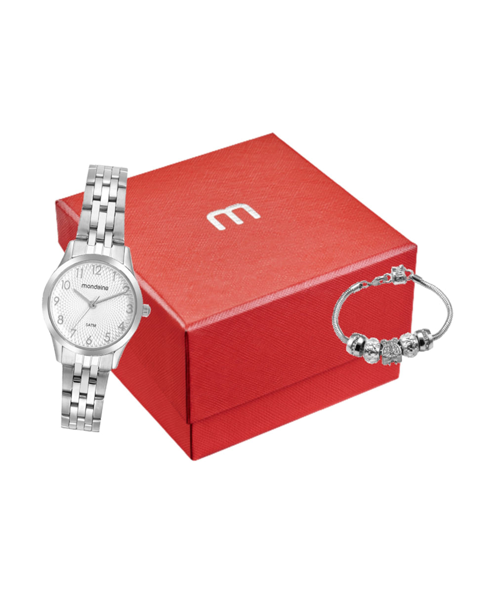 kit relógio feminino mondaine 32696l0mvne3kc analógico prateado