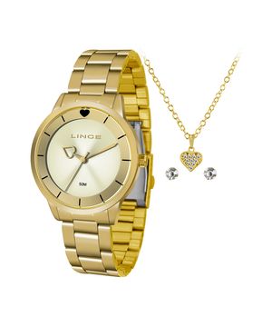 kit relógio feminino lince lrg4572lka4cc1kx analógico dourado