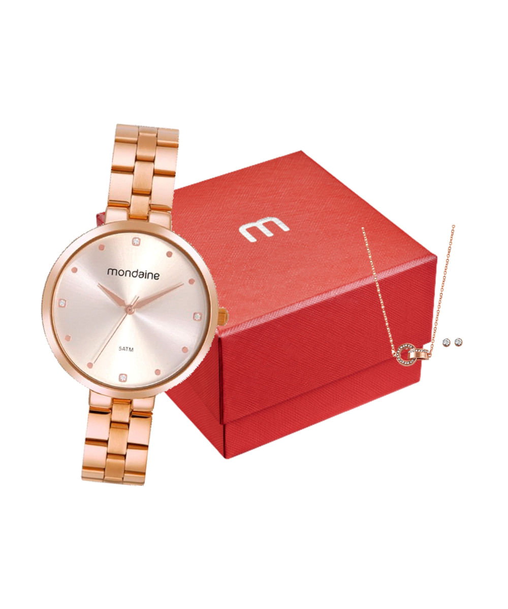 kit relógio feminino mondaine 32672lpmvre2kc analógico rosa