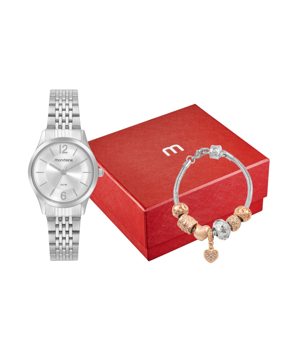 kit relógio feminino mondaine 32698l0mvne3kc analógico prateado