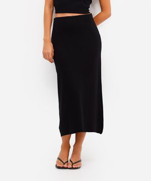 saia longa feminina de tricot canelada preta