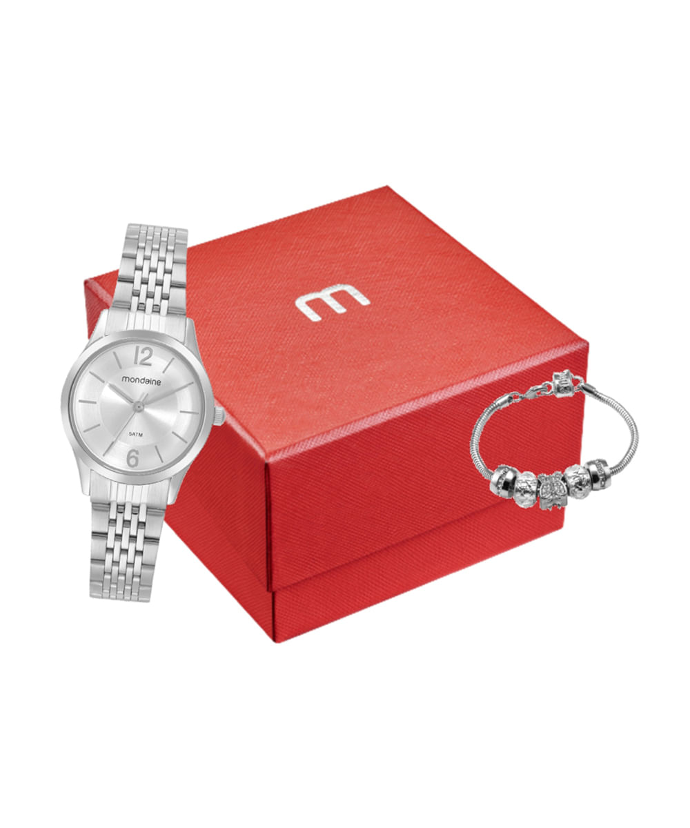 kit relógio feminino mondaine 32698l0mvne3kb analógico prateado
