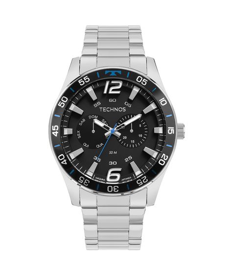 relógio masculino technos 6p25bw1p analógico calendário prateado