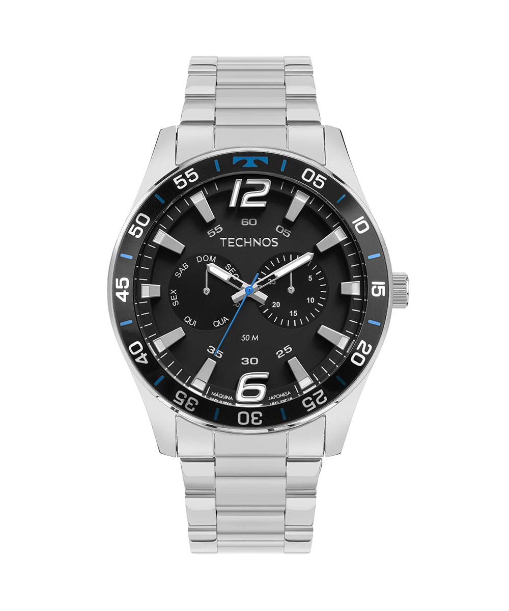 relógio masculino technos 6p25bw1p analógico calendário prateado