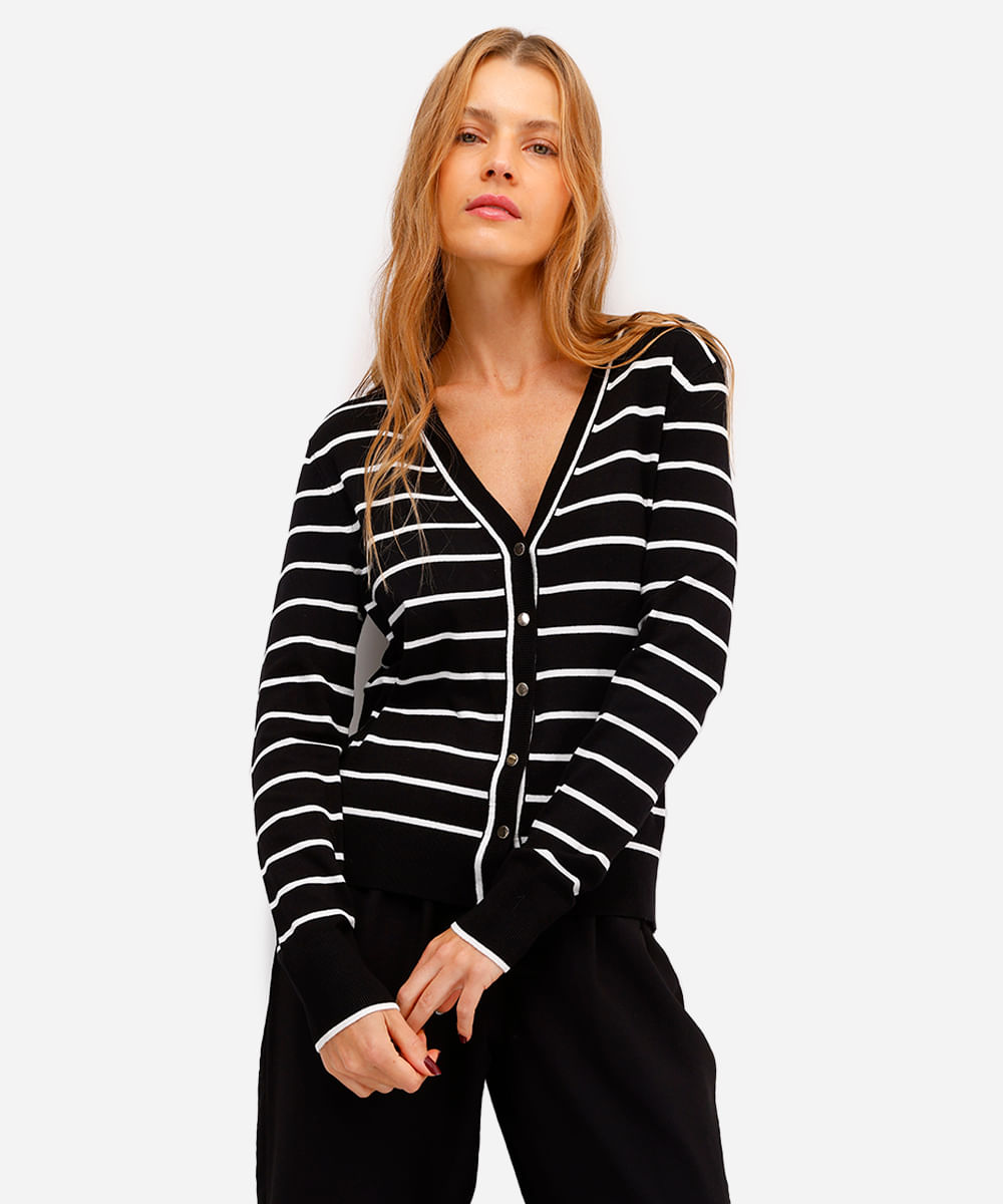 cardigan feminino de viscose listrado preto