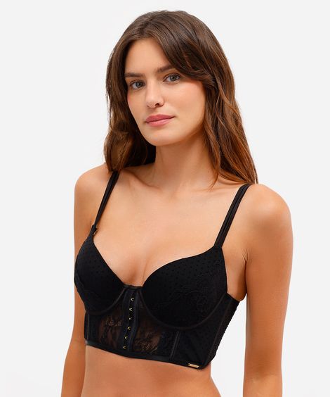 sutiã cropped de renda tule poá com bojo e aro verde - preto