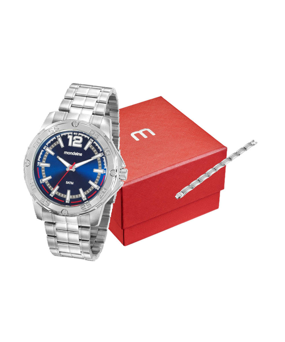 kit relógio masculino mondaine 99551g0mvne2kk analógico prateado
