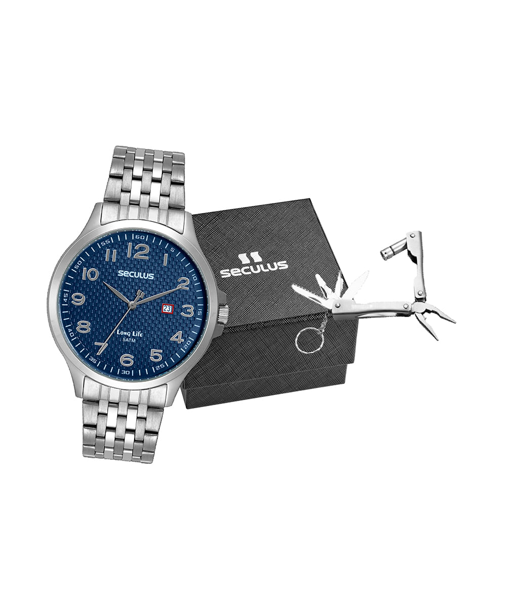 kit de relógio masculino seculus 44215g0svna1k analógico calendário prateado