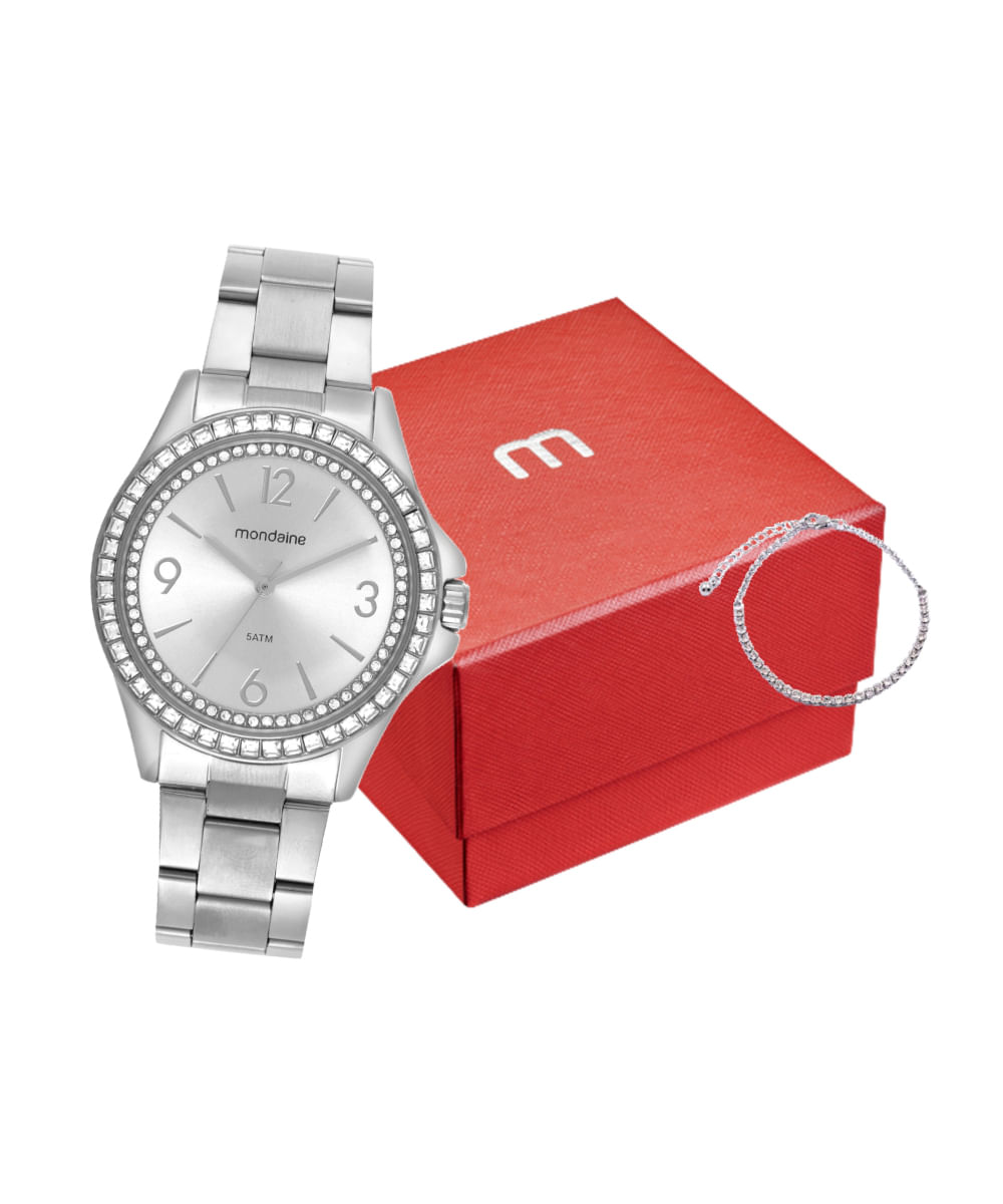 kit relógio feminino mondaine 32837l0mvne2kk analógico prateado