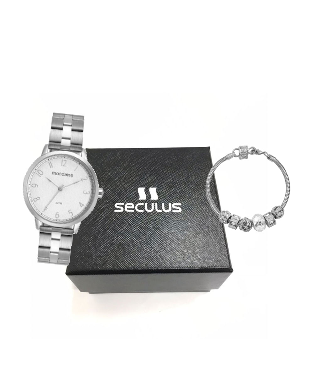 kit relógio feminino mondaine 32476l0mvne2k analógico prateado