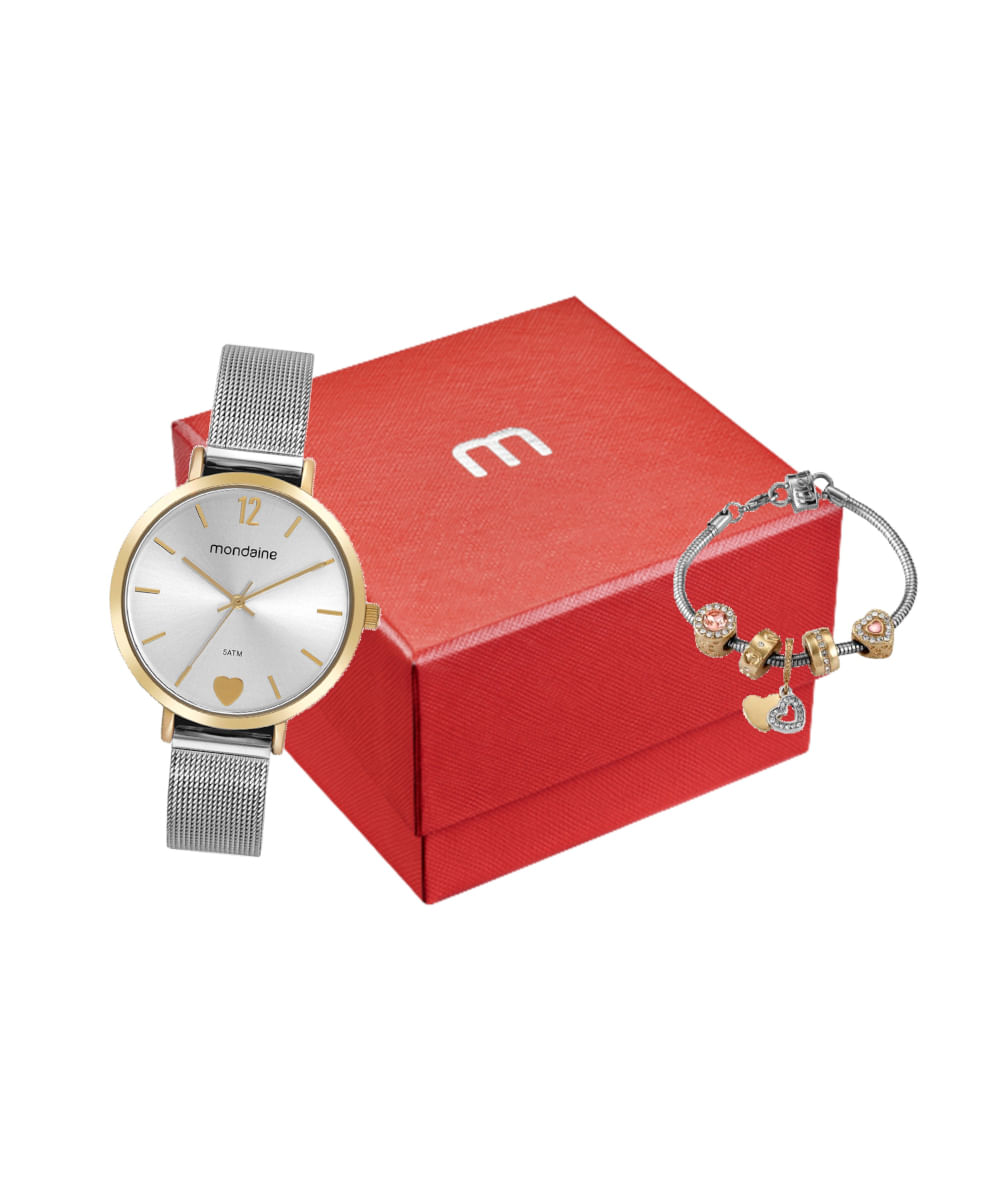 kit relógio feminino mondaine 32848lpmvbe1kf analógico dourado