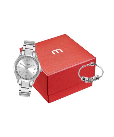 kit relógio feminino mondaine 99764l0mvne1kk analógico prateado
