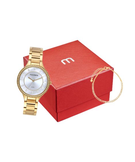 kit relógio feminino mondaine 32839lpmvde1kc analógico dourado