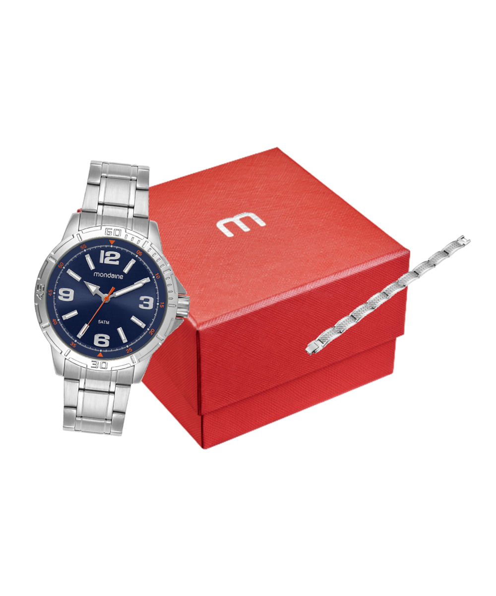 kit relógio masculino mondaine 99746g0mvne1kk analógico prateado