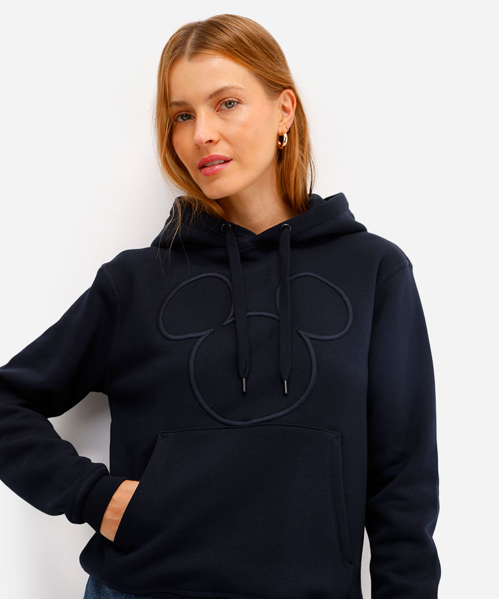 blusão feminino de moletom felpado mickey com capuz preto
