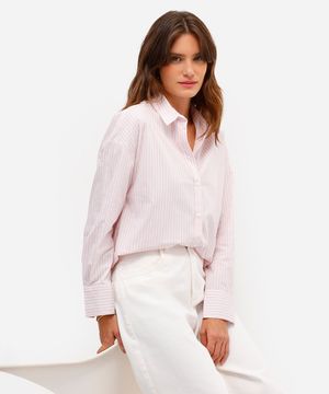 camisa oversized feminina de algodão listrada rosa
