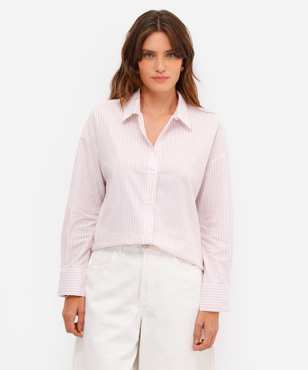 camisa oversized feminina de algodão listrada rosa