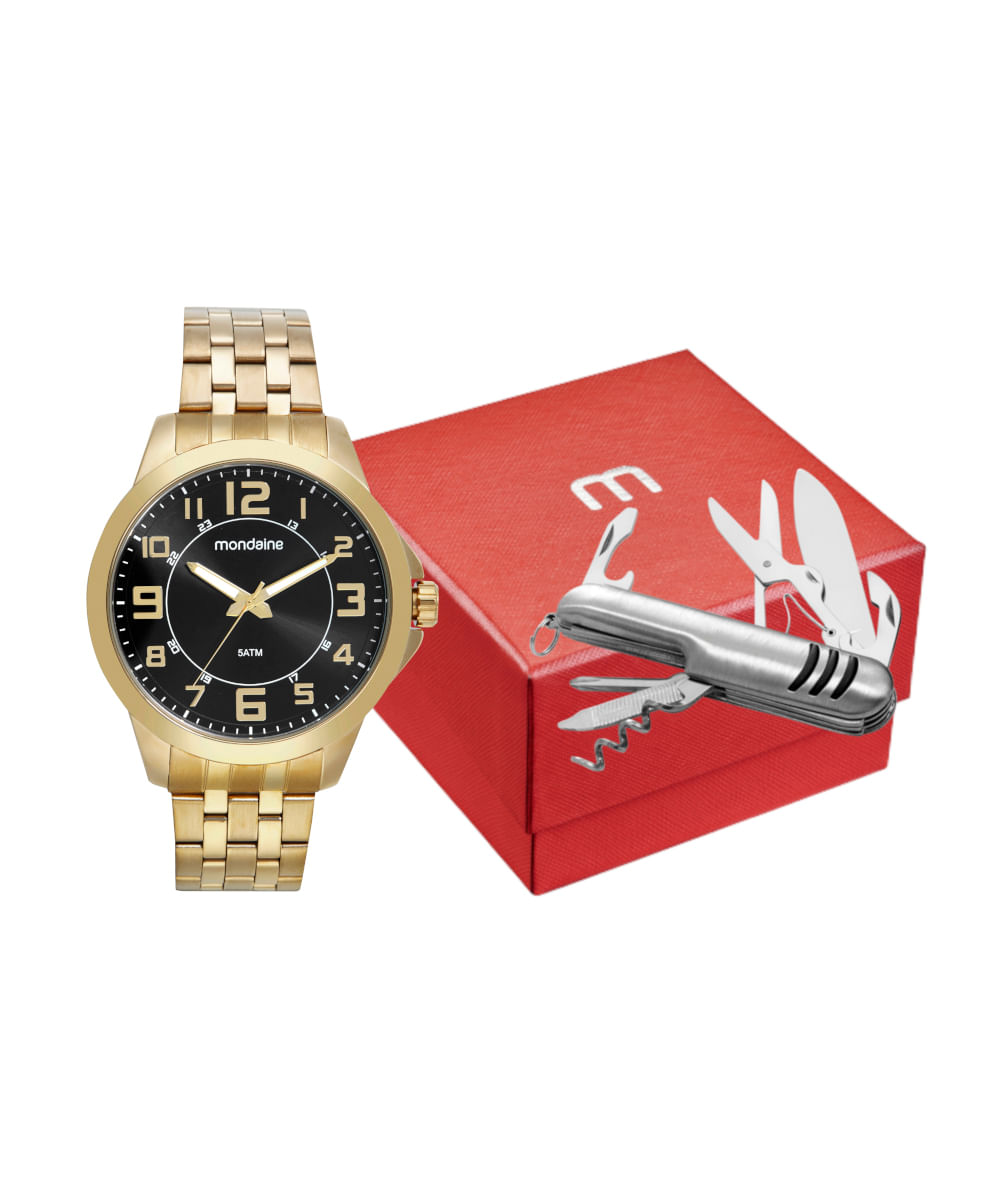 kit relógio masculino mondaine 99689gpmvde2kf analógico dourado