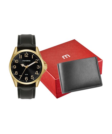 kit relógio masculino mondaine 99741gpmvdh1kf analógico dourado