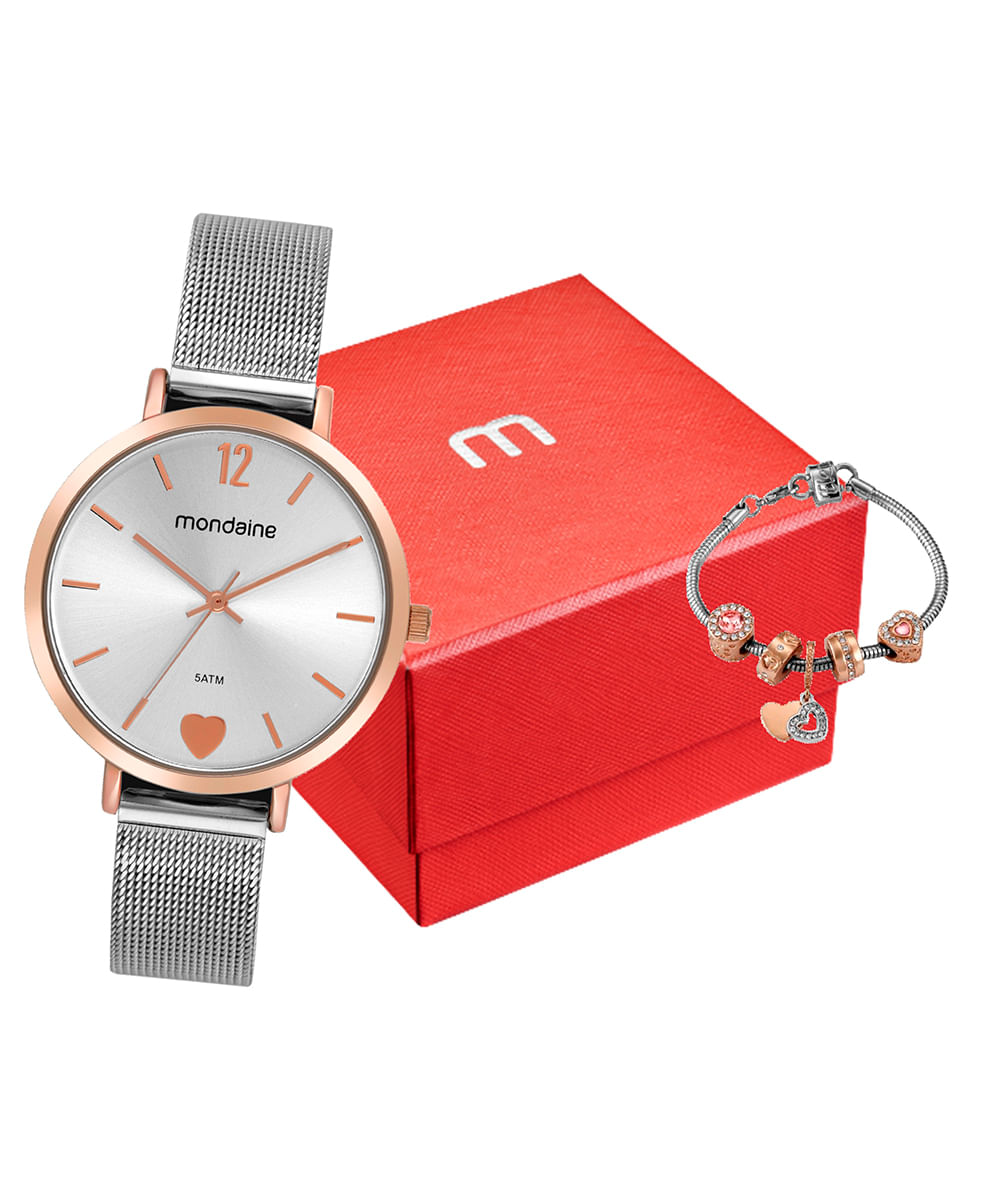 kit relógio feminino mondaine 32848lpmvge2kf analógico dourado