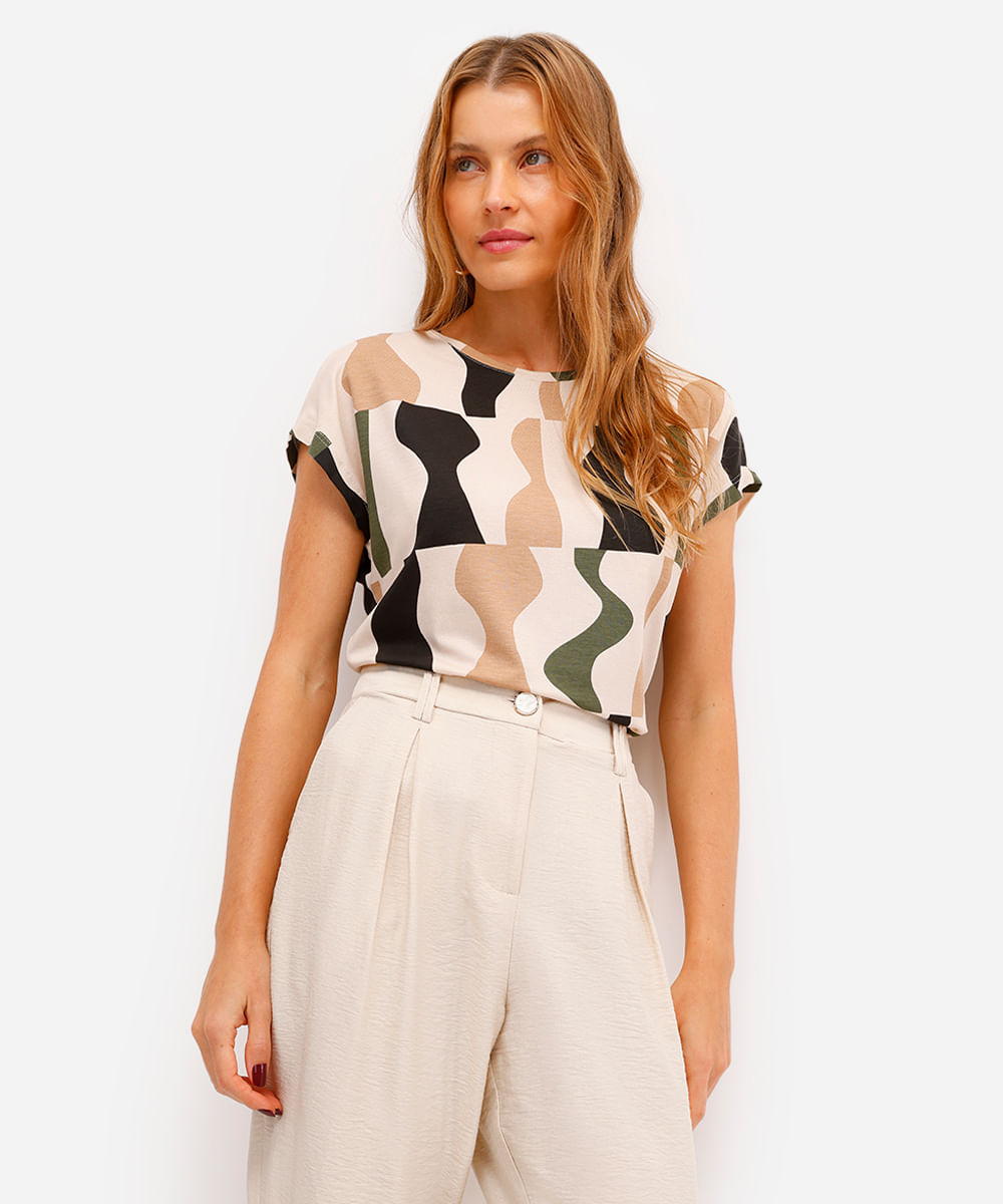blusa feminina de viscose geométrica bege
