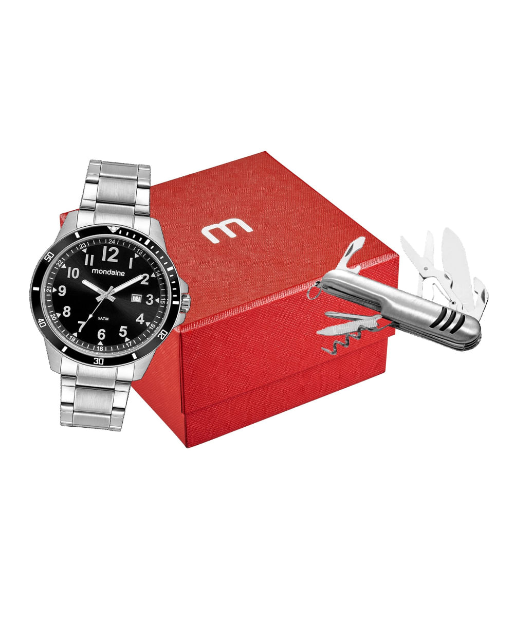 kit relógio masculino mondaine 99673g0mvna1k analógico-calendário prateado
