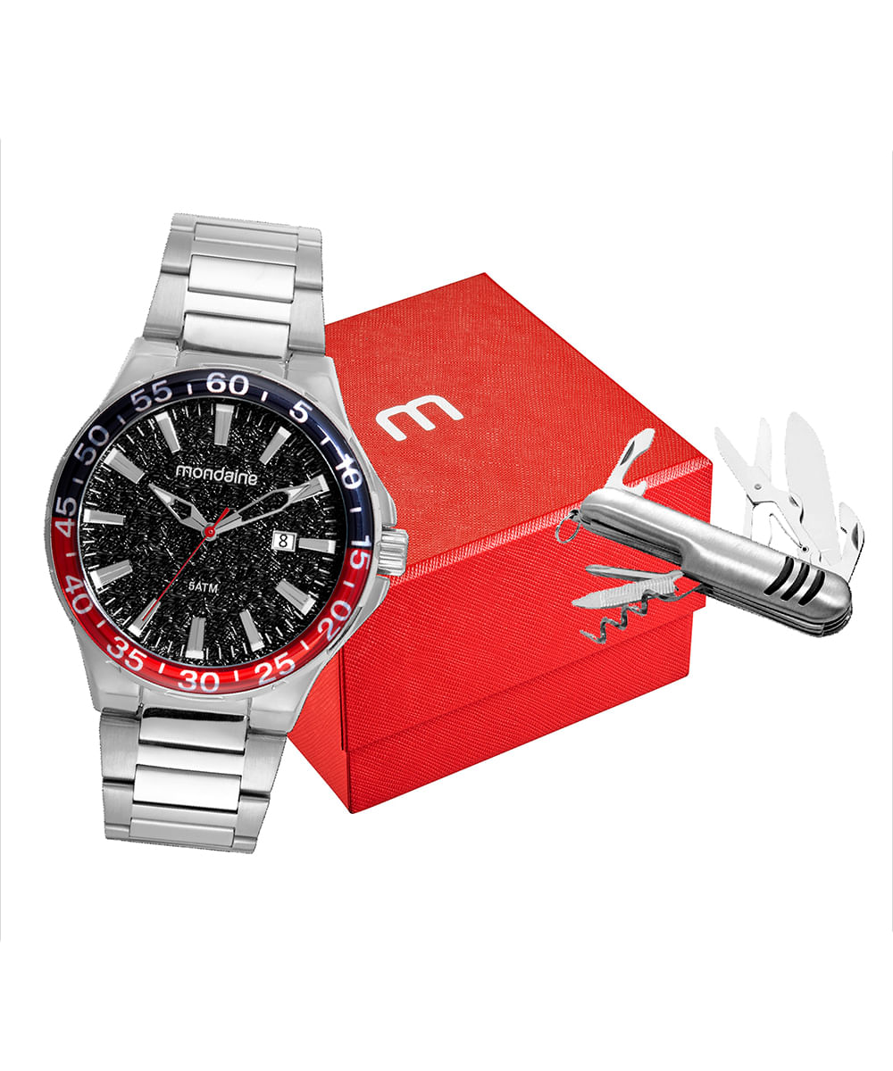 kit relógio masculino mondaine 32789g0mvne3k analógico prateado