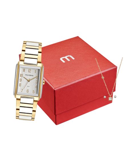 kit relógio feminino mondaine 32520lpmvbe3k analógico dourado