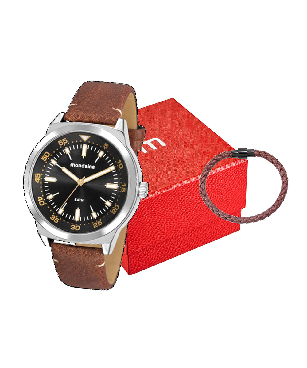 kit relógio masculino mondaine 76719g0mvnh1kf analógico prateado